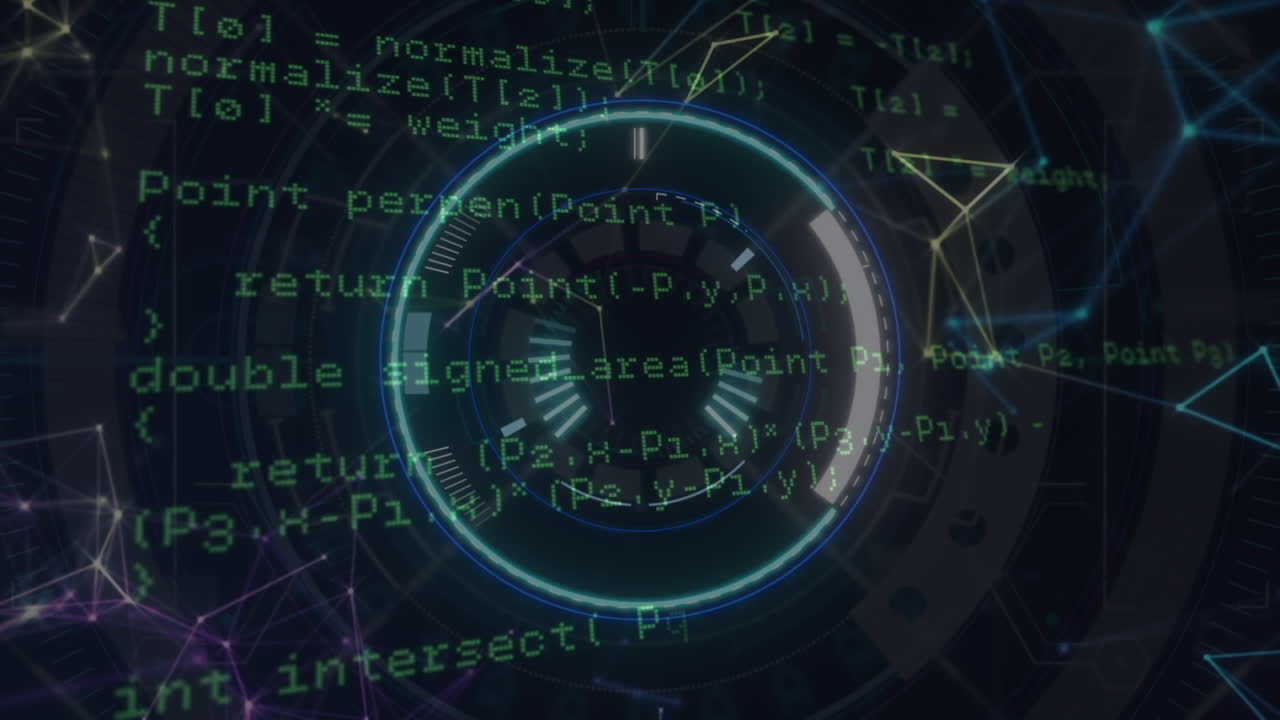 procesamiento de datos a través de un escáner redondo brillante y una red de conexiones con fondo azul