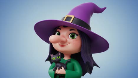 whimsical cartoon witch with a black cat: a charming character design featuring a friendly witch in a vibrant purple hat and lively green outfit