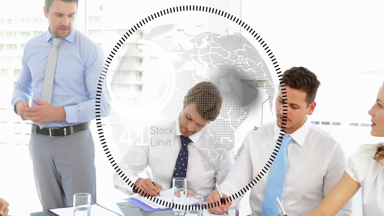Discussing strategy, diverse professionals in business meeting with stock limit animation
