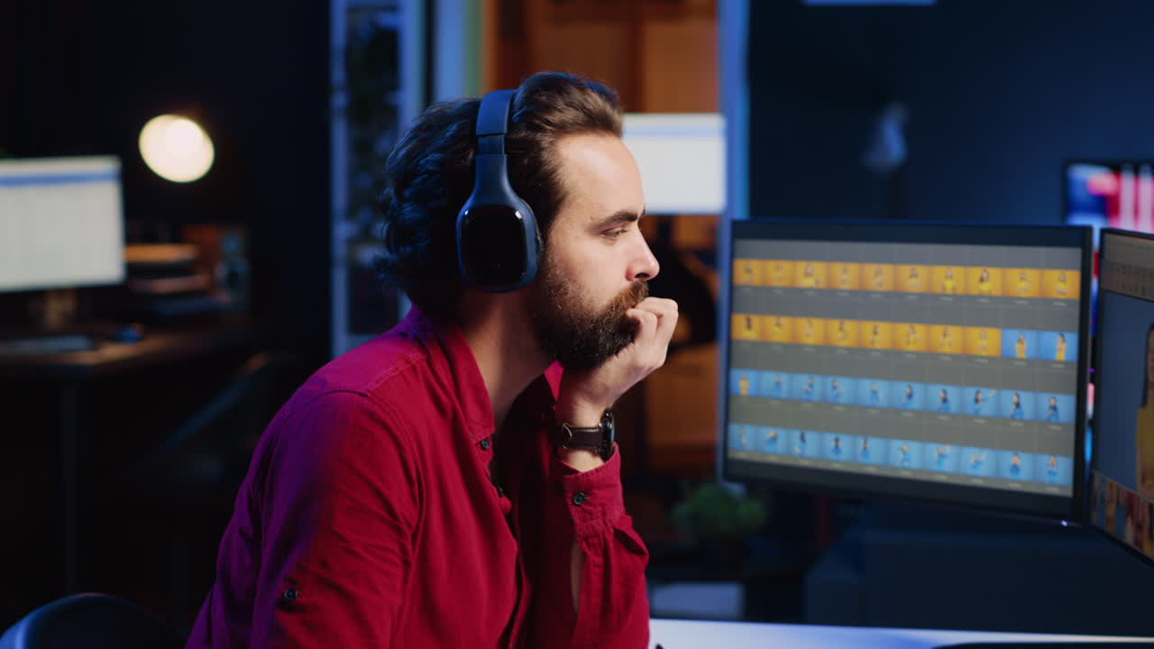 inhaltsersteller in einer digitalen multimedia-firma, die bilder mit postproduktionssoftware verarbeitet