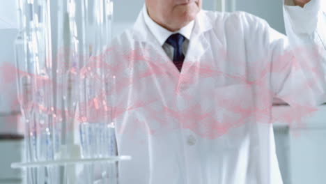 scientist in lab coat working with red molecular structure animation overlay