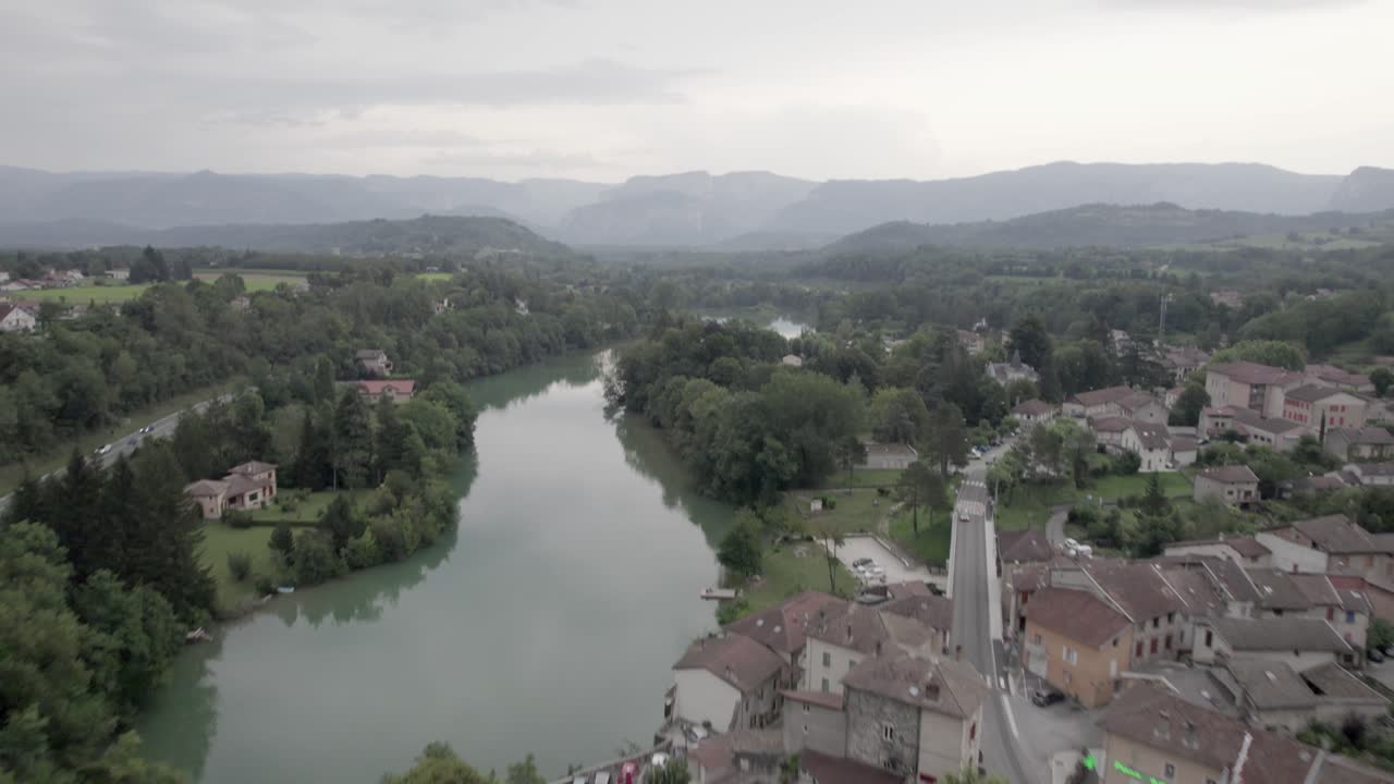 video of plane advance forward with drone flying the river isere and the bridge of saint nazaire in royans