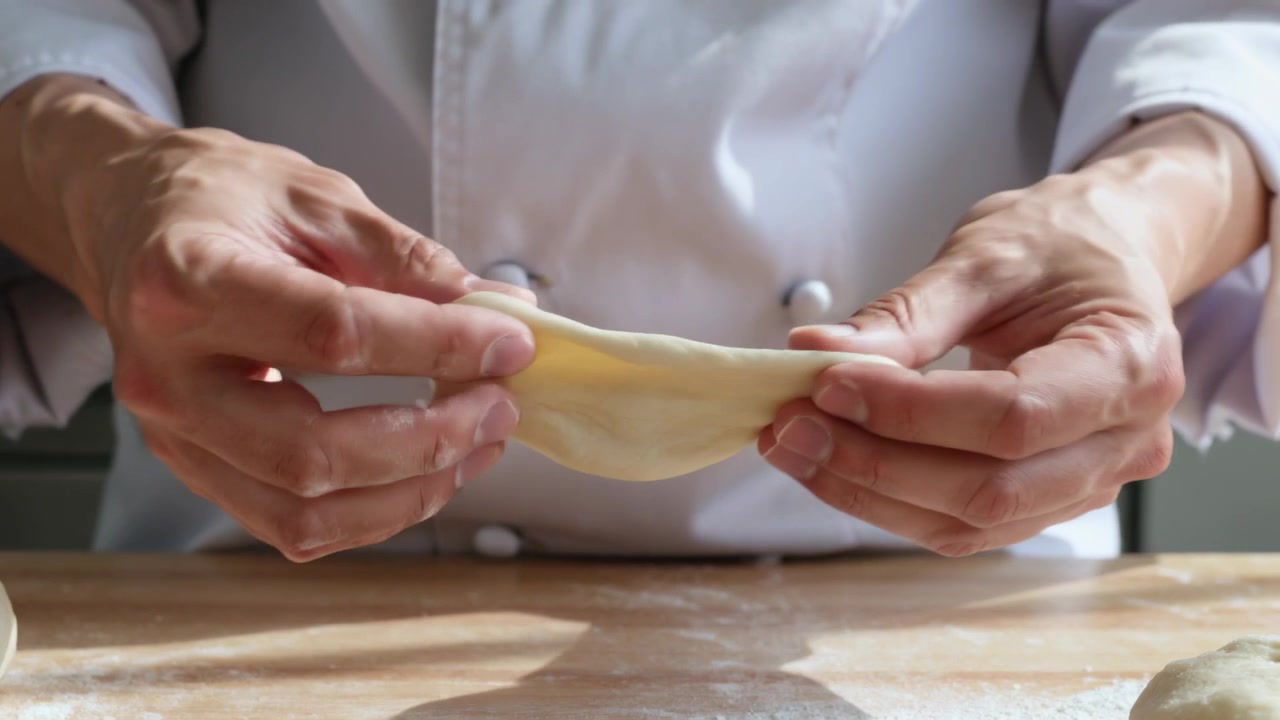 Pinching dough, chef in white coat stretching thin dough on floured counter, preparing for filling