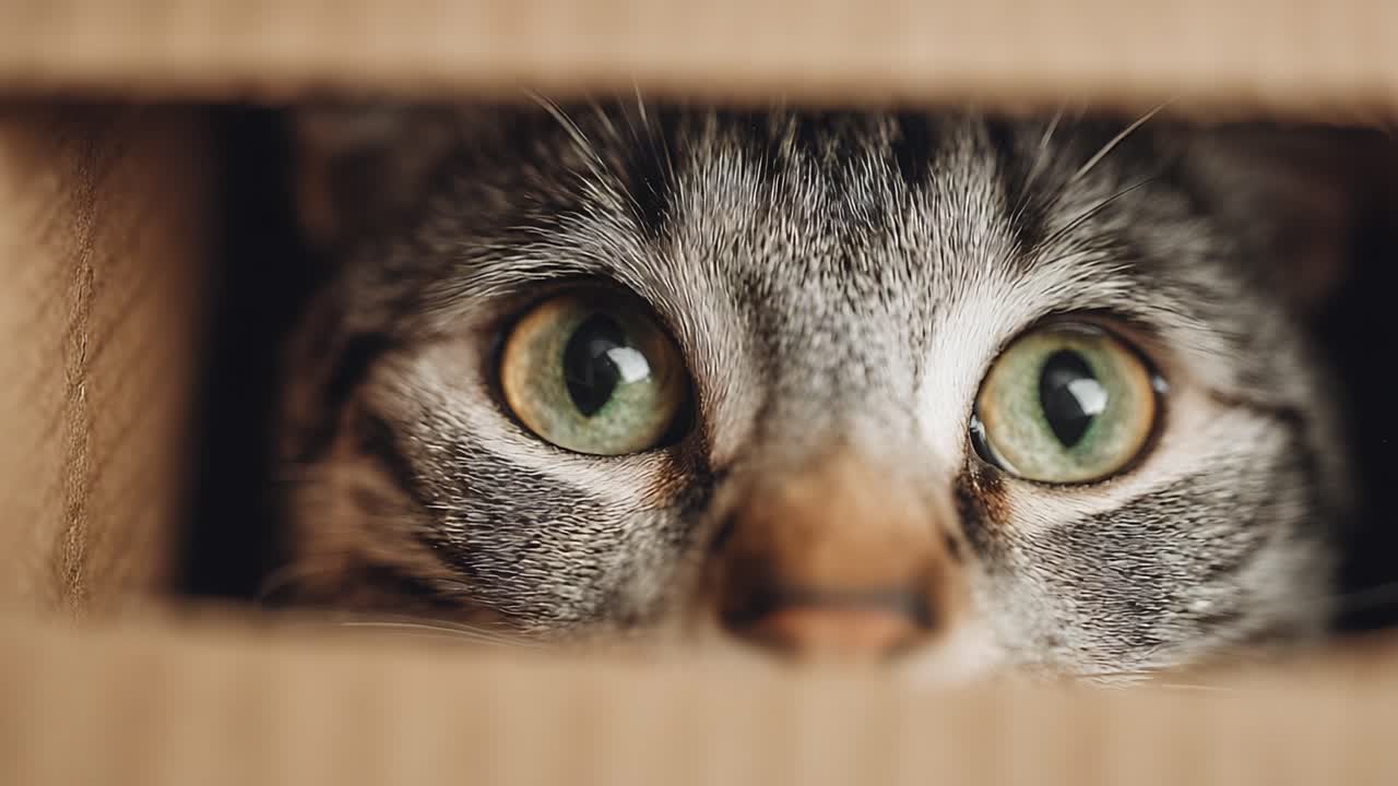 Nysgjerrig katt som kikker gjennom en eske: Et nærbilde av gåtefulle grønne øyne og værhår fanget fra to forskjellige vinkler i et fengslende øyeblikk