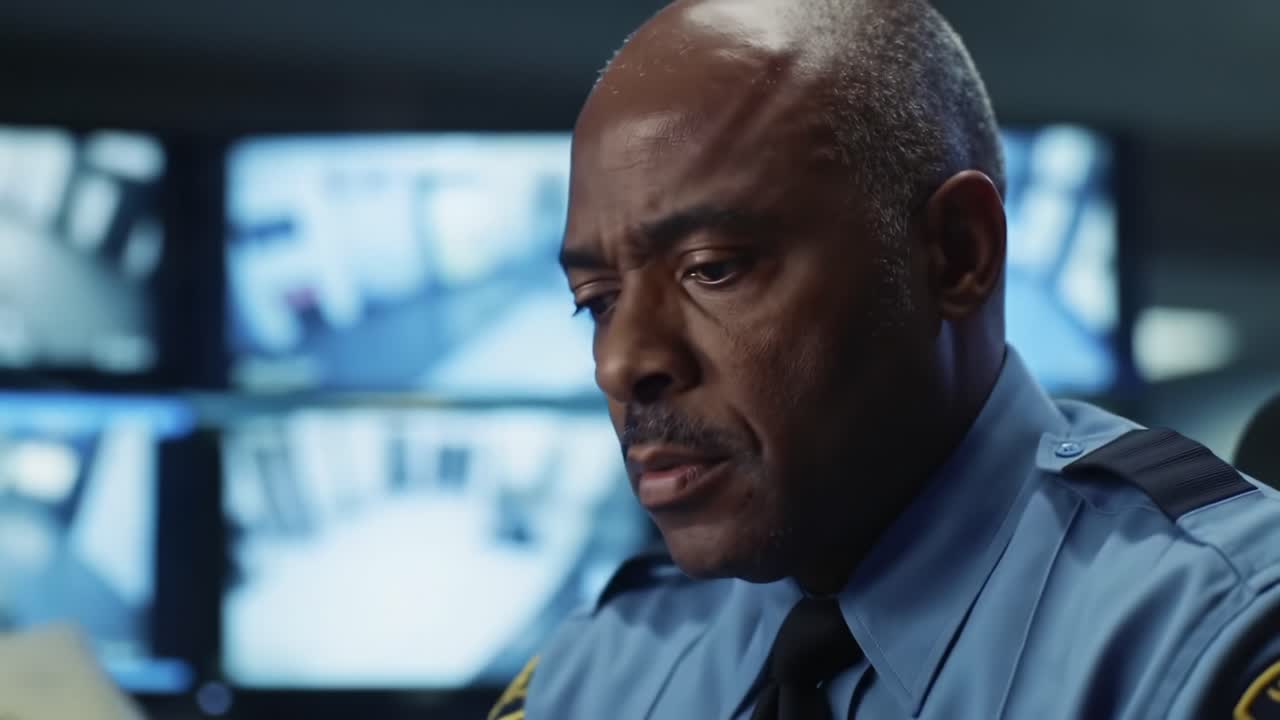 Focused Security Officer Monitors Surveillance Footage with Intense Attention in High-Tech Control Room, Highlighting the Importance of Vigilance and Safety