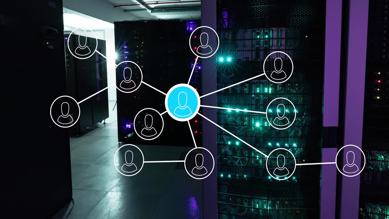 Network of people icons and data processing over glowing computer servers in server room