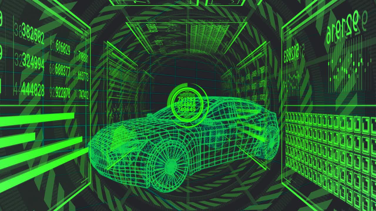 Reticolo HUD che si avvia su un'auto a maglie verdi, dati che si riempiono, moduli che si illuminano, tunnel che si muove per la scansione.