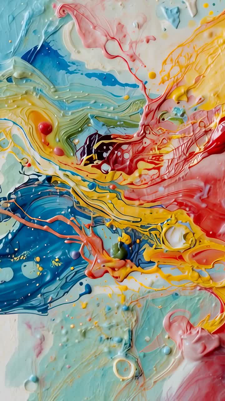 Vídeo vertical: la gravedad tira de pintura húmeda, los colores fluyen hacia crestas y gotas sobre un lienzo vertical