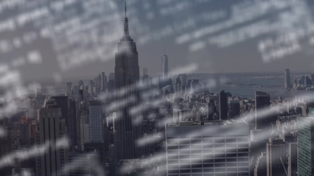 都市風景上のデータ処理のアニメーション