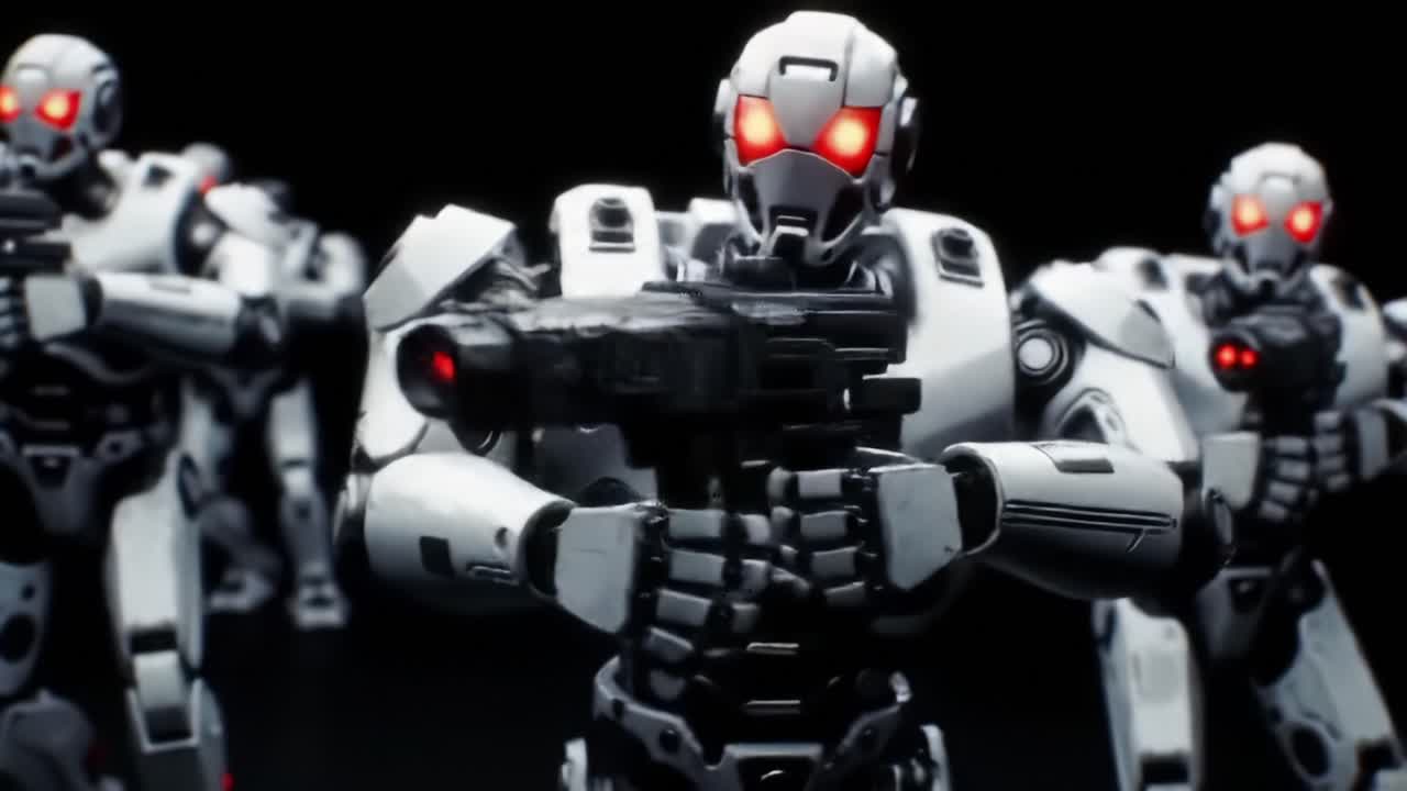Futuristic Armed Robots in High-Tech Display: Unleashing Advanced Technology and Tactical Power in a Captivating Sci-Fi Scene