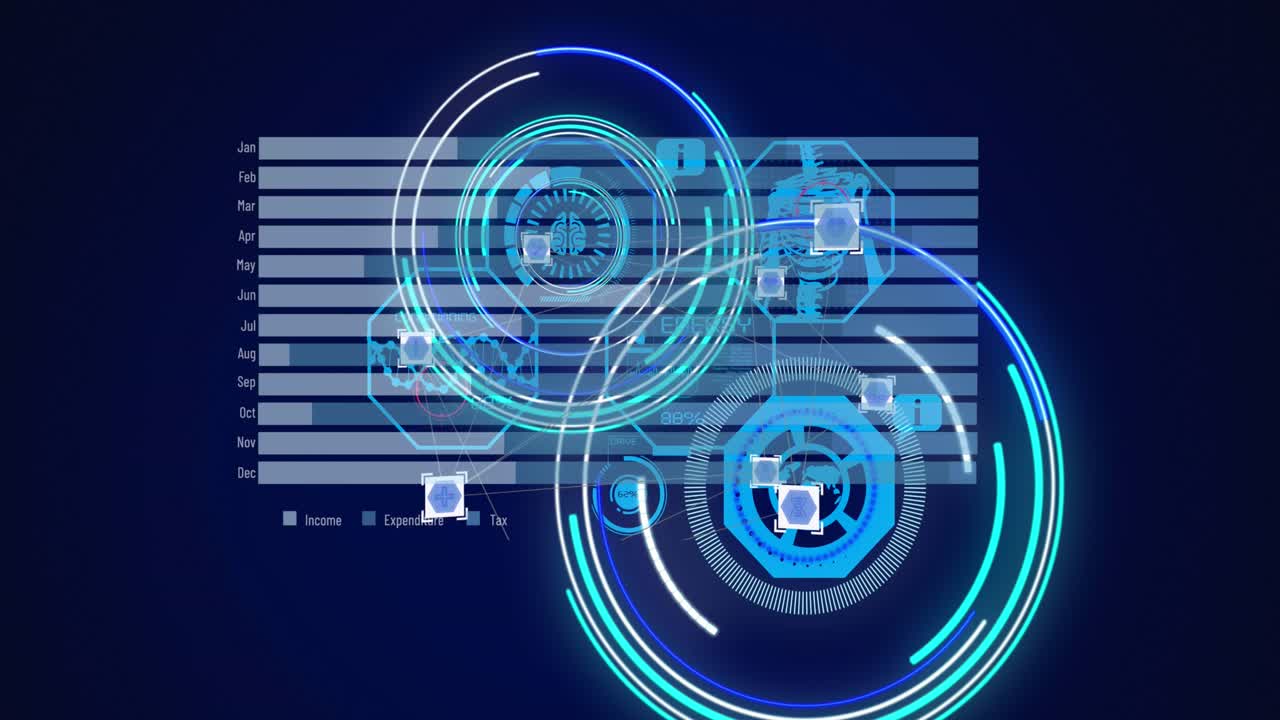 Animation of processing circles and graph on navy background