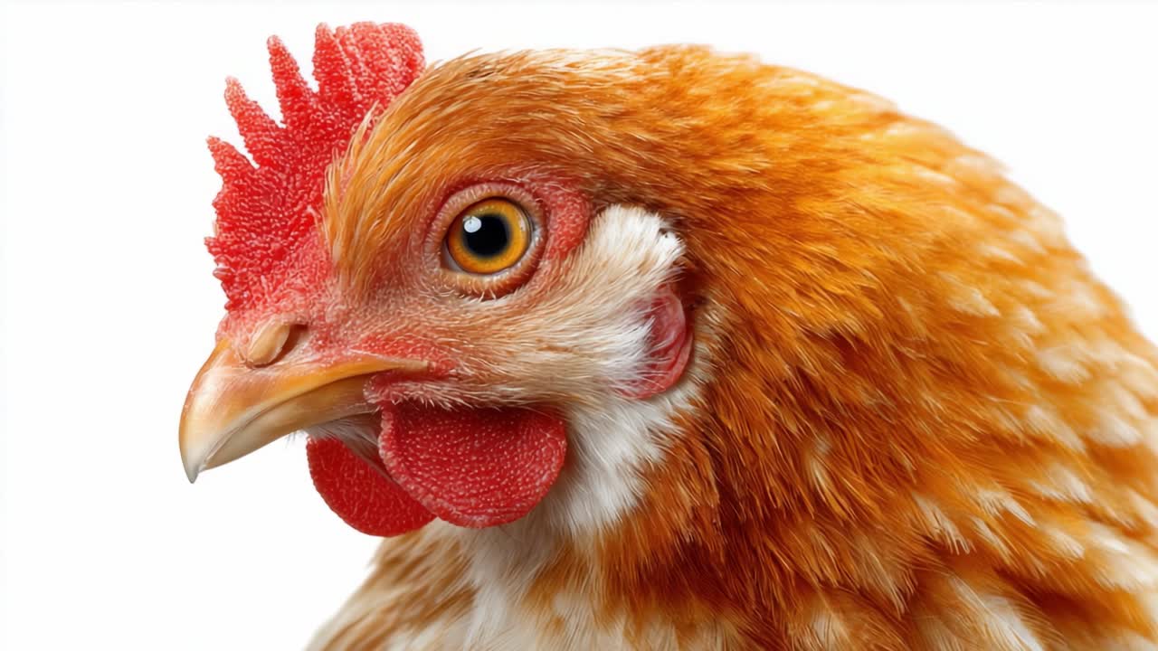 Primer plano de una hermosa gallina con plumas vibrantes y una cresta colorida, mostrando sus características únicas y ojos expresivos en un fondo bien iluminado.