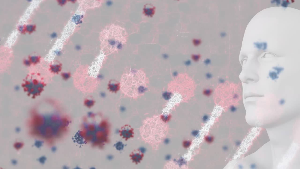 세포와 dna의 애니메이션이 인체 모델 위에 회전합니다.