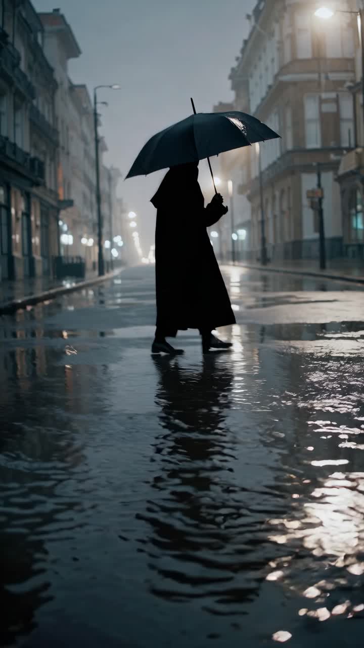 Silhouette of a person with an umbrella walking on a rainy street at night