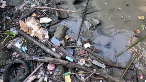 Littered stream with trash and stagnant water