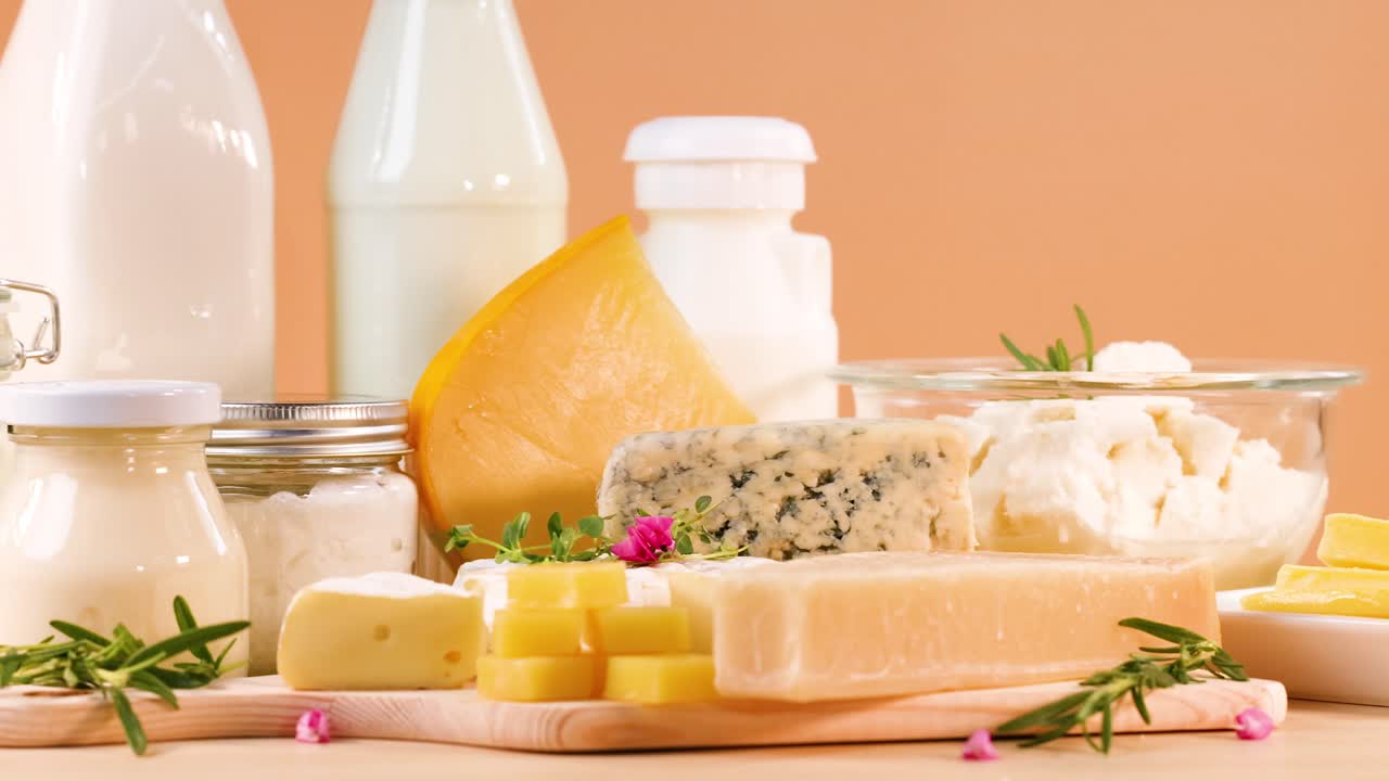 테이블 에 전시 된 여러 가지 유제품