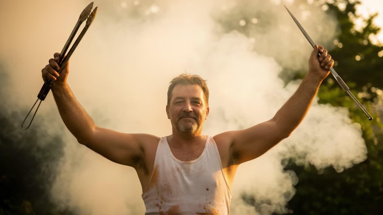 A Confident Grilling Enthusiast Celebrates While Holding Tongs in Both Hands Amidst a Smoky Outdoor Barbecue Scene, Showcasing Passion for Cooking and Outdoor Gatherings