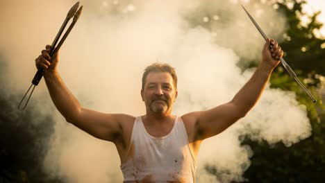 a confident grilling enthusiast celebrates while holding tongs in both hands amidst a smoky outdoor barbecue scene, showcasing passion for cooking and outdoor gatherings