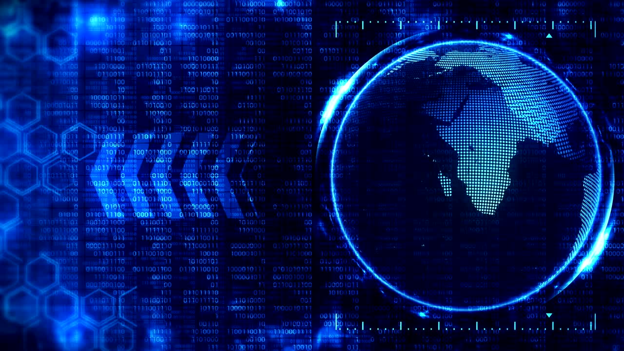 globo terrestre 3d con fondo de alta tecnología de negocios. animación de bucle de flecha de gráfico. diseño geométrico hexagonal y fondo de números binarios.