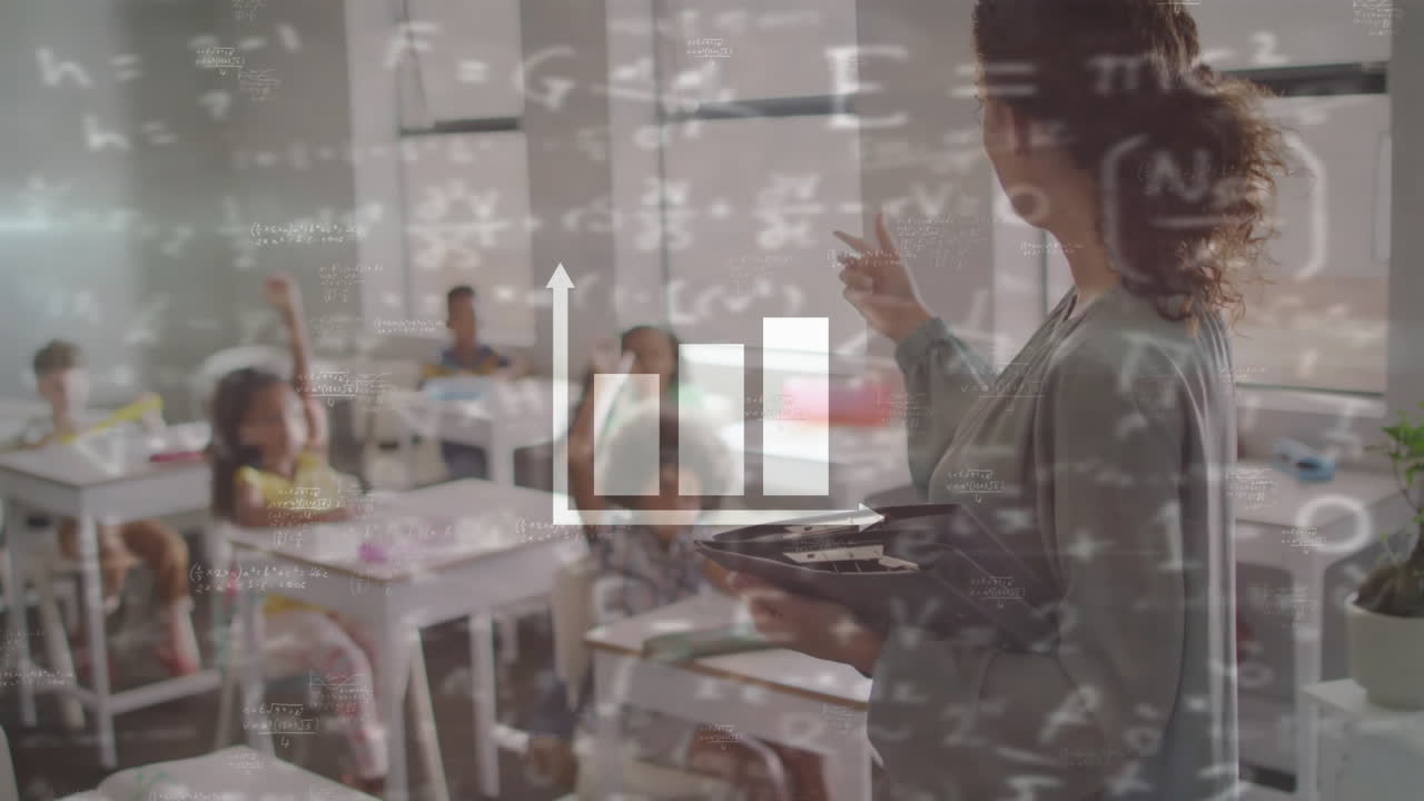 animación de datos matemáticos sobre diversos escolares y maestras en el aula