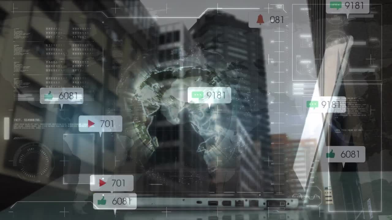 노트북과 도시 풍경에서 소셜 미디어 아이콘과 숫자와의 연결 네트워크의 애니메이션