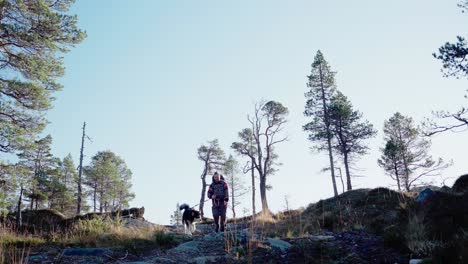 un excursionista con su perro malamute de alaska caminando por un sendero forestal en hildremsvatnet, noruega.
