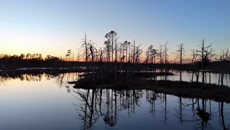 A national park lake with a morning sunset in the background
