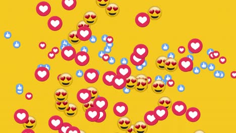 animación de emoticones y reacciones en las redes sociales que se mueven sobre un fondo amarillo