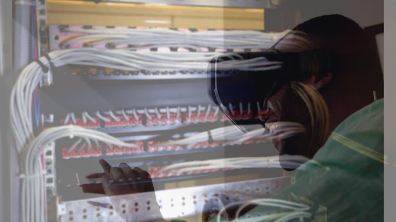 Animation of men using vr headset over server room