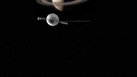 Voyager-1-Fliegt-Mit-Ringen-Auf-Den-Saturn-Zu,-Um-Im-Vorbeiflug-Fotos-Zu-Machen,-Während-Er-Durch-Das-Sonnensystem-Reist-–-Die-Kamera-Schwenkt-Nach-Oben,-Um-4K-Zu-Zeigen