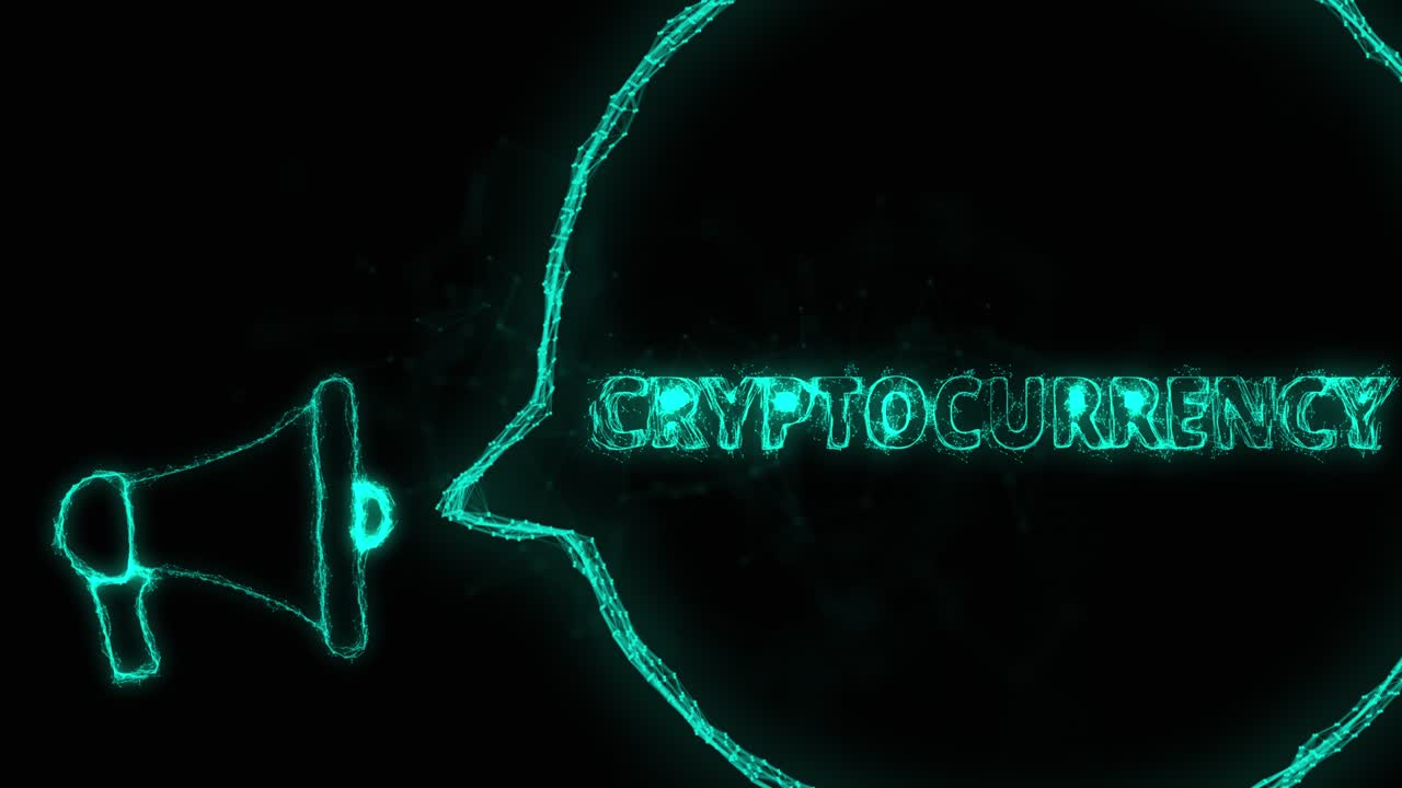 estandarte de megáfono con burbuja de habla y criptomoneda de texto. estilo plexus de puntos y líneas brillantes verdes