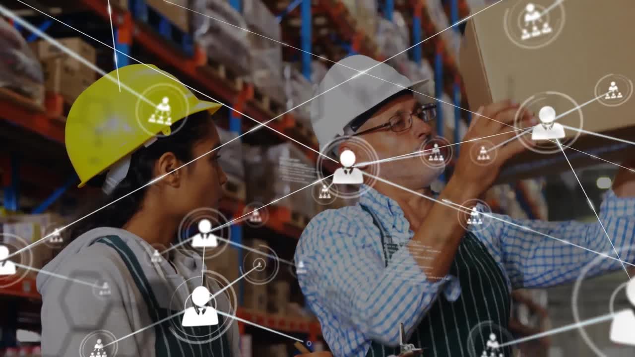 animación de la red de conexiones y procesamiento de datos sobre diversos trabajadores en el almacén.