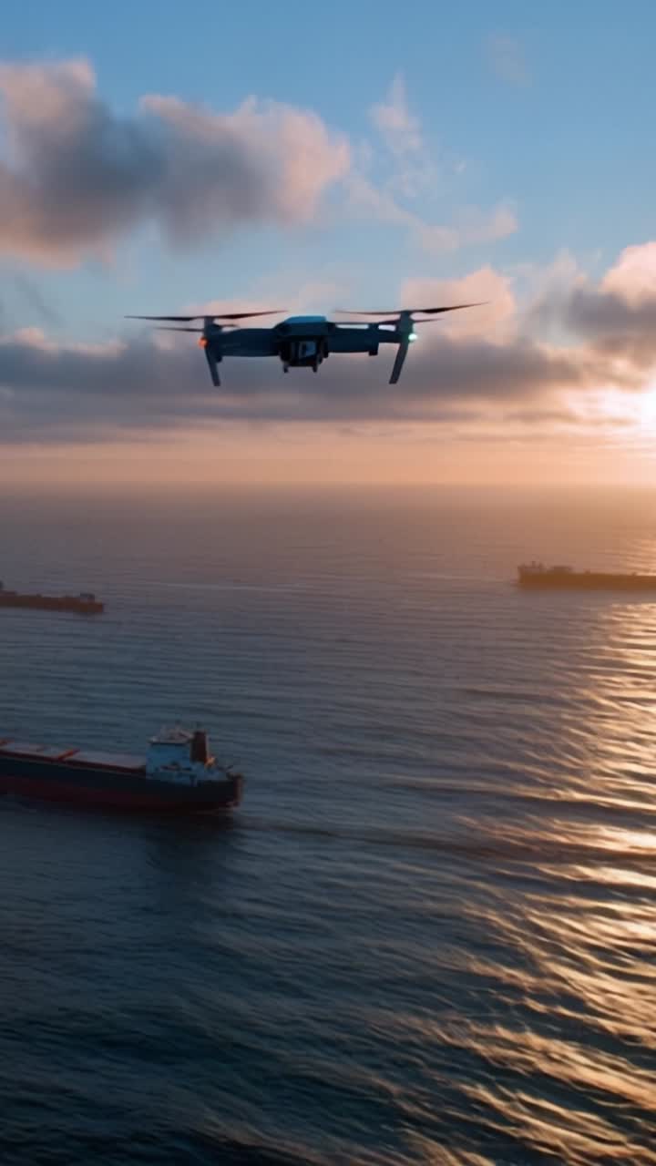 Vista aérea de um drone sobrevoando águas vibrantes ao pôr do sol, com cargueiros avançando lentamente, capturando paisagens marinhas deslumbrantes e cores do céu.