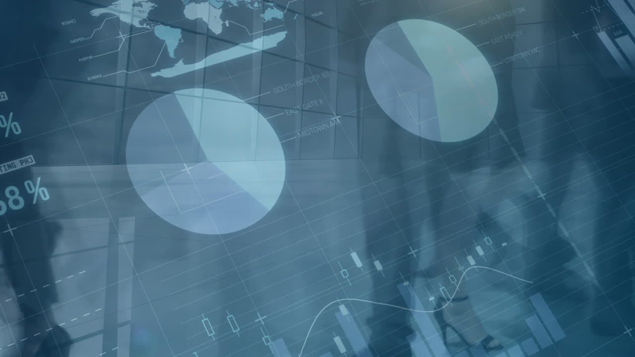 사무실에서 고 있는 다양한 사업가들의 다리를 가진 타임스 상의 금융 그래프의 애니메이션