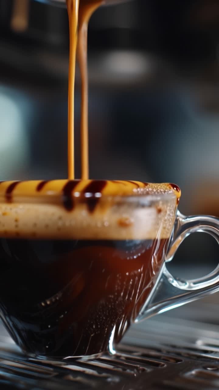 Preparazione artigianale del caffè: il processo di erogazione di un espresso fresco con una crema perfetta in una tazza di vetro trasparente.