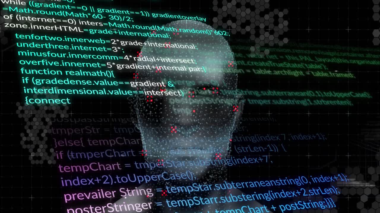 黒い背景のデジタルヘッドとデータ処理のアニメーション