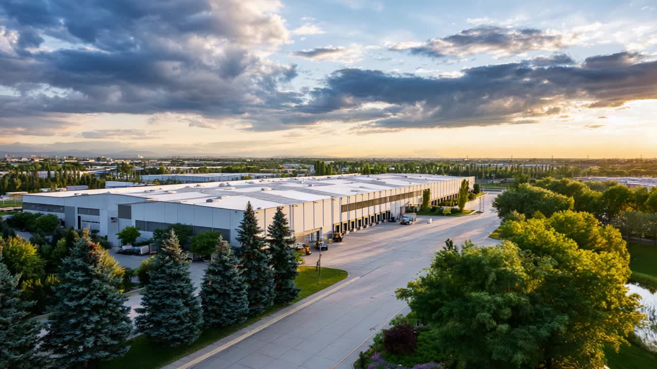 Exploring an Aerial View of a Modern Industrial Warehouse Complex at Sunset, Capturing the Twilight Glow Over the Trees and Infrastructure, Highlighting Urban Development in a Natural Landscape