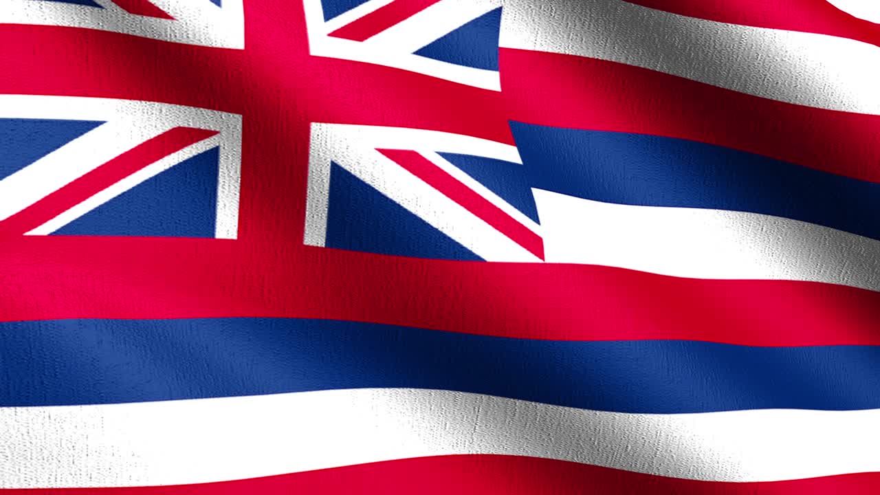 미국 하와이 주의 발 (hawaii state flag in the united states of america, usa, blowing in the wind, isolated) - 미국 하바이 주의 국기, 바람에 불어 날아다니는, 고립된, 공식적인 애국적 추상적인 디자인, 흔들리는 표지 기호의 3d 렌더링 일러스트레이션.