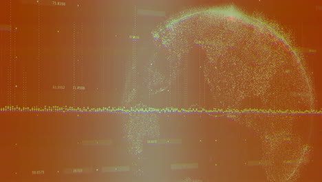 abstract dotted globe pulsing over orange gradient background, with numeric data lines guiding