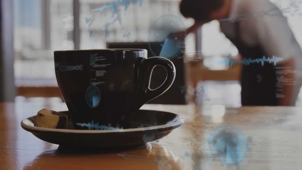 Vídeo vertical: Mostrando xícara em café enquanto barista de avental aparece, pegando-a, com sobreposições azuis pulsando.