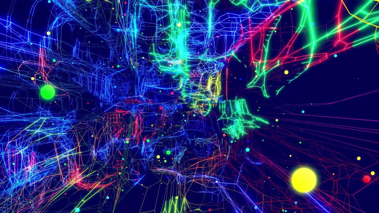 Motion graphic, data flow. Hi tech stream of datum, motion design vj loop. Wireframes of network blocks with neon light, multicolor glow. Abstract hologram of web as concept hi tech technology