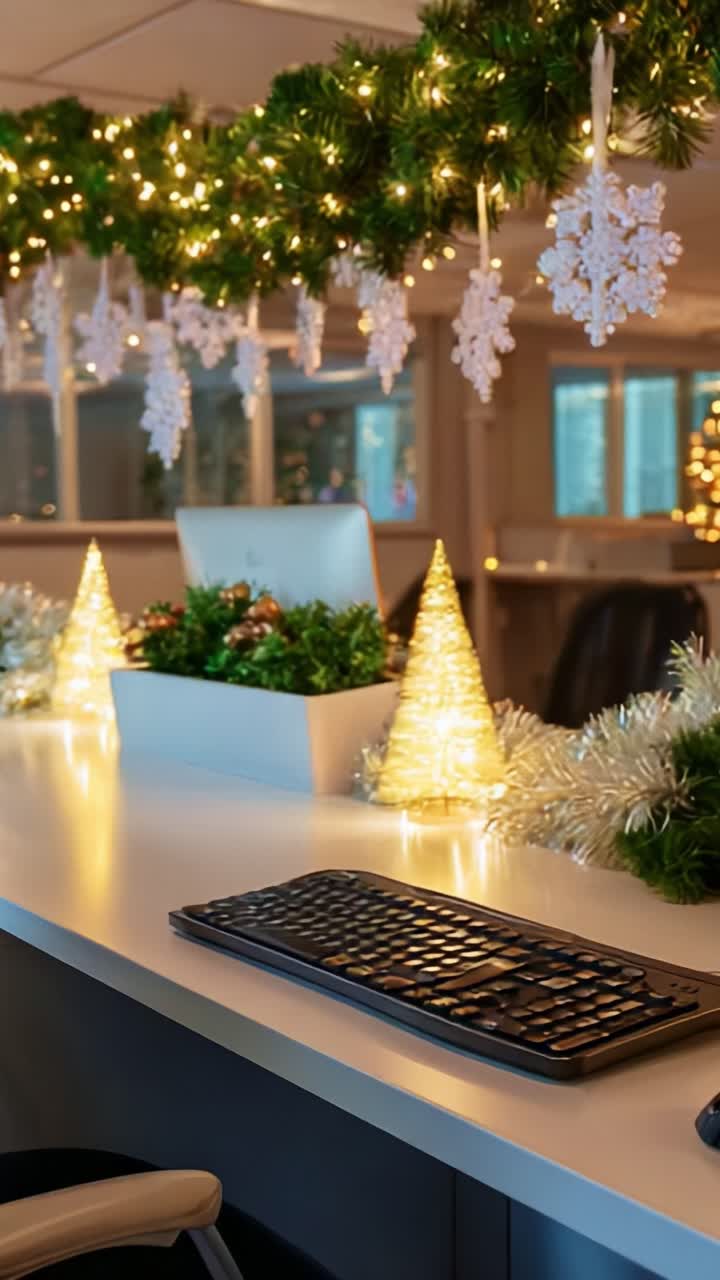 A Beautifully Decorated Office Workspace with Festive Holiday Decorations, Soft Lighting, and a Cozy Atmosphere That Creates a Warm and Inviting Environment for Productivity During the Winter Season
