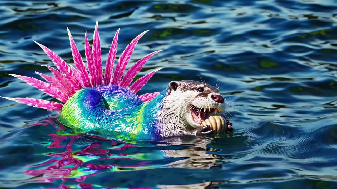 Colorful Otter with Pink Feathers