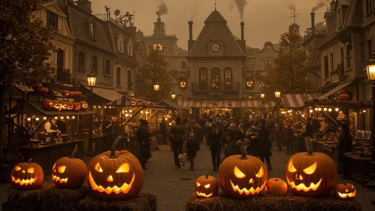 Charming Autumn Festival with Eerie Jack-O'-Lanterns in a Quaint Village Square, Embracing the Spirit of Halloween Amidst a Warm-Hued Dusk Sky