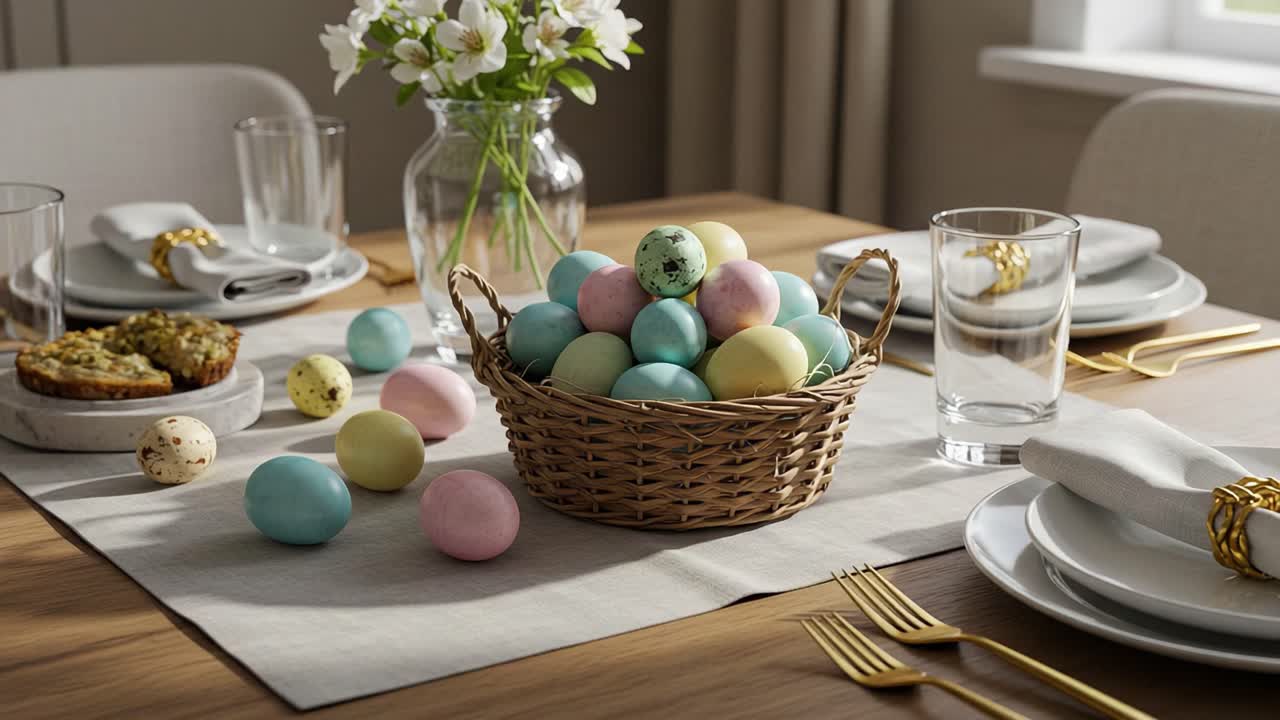 A Festive Spring Table Decorated with Beautifully Colored Eggs and Fresh Flowers, Creating a Charming Atmosphere for Celebrations and Gatherings