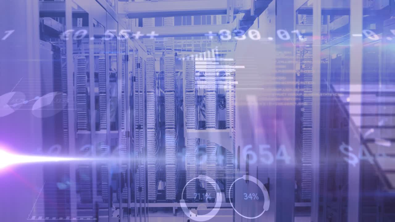 animación del procesamiento de datos y diagramas sobre la sala del servidor