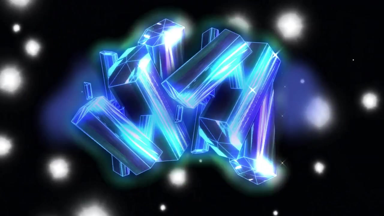 Zwevende gloeiende blauwe kristallen in ruimte-animatie.