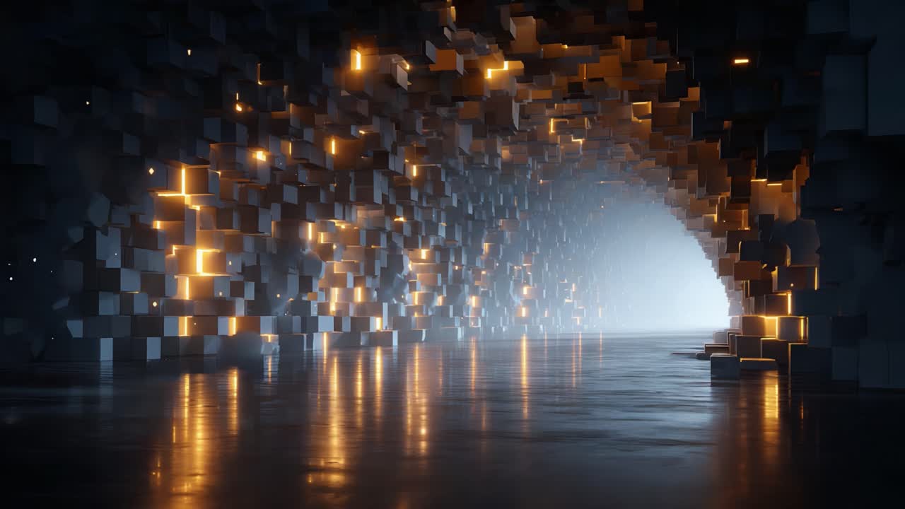 Mystical Corridor of Light: A Virtual Journey Through an Abstract Tunnel of Cubes and Glowing Illumination in a Futuristic Environment