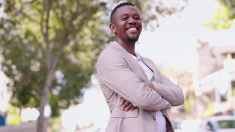 crossed arms, happy and business black man in city