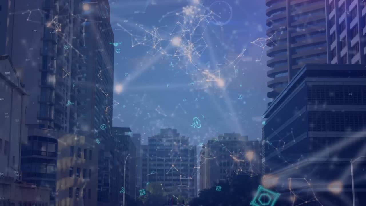 도시 풍경 위의 아이콘으로 연결된 네트워크의 애니메이션